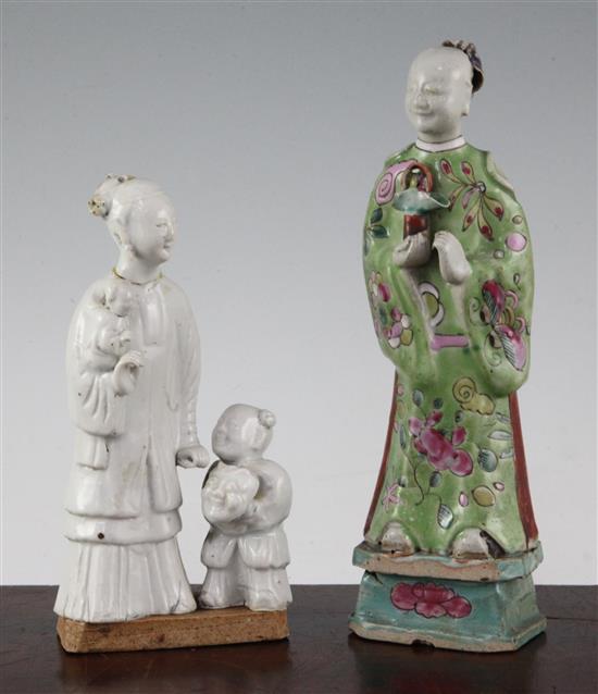 Two Chinese glazed biscuit porcelain figures or groups, late 18th / early 19th century, 17.5cm, both with slight losses